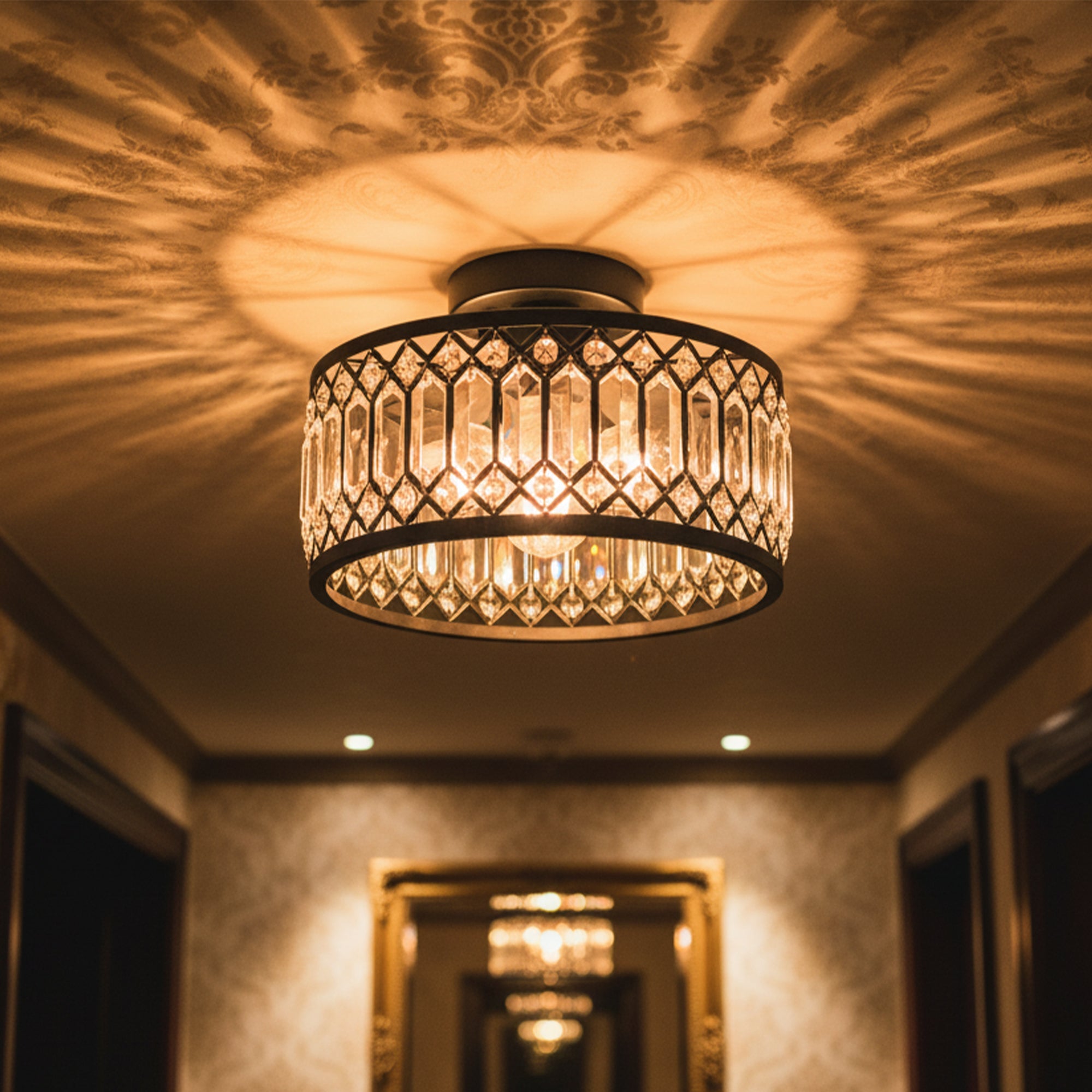 K9 Crystal Flush Mount Ceiling Light, Modern Industrial Black Metal Fixture
