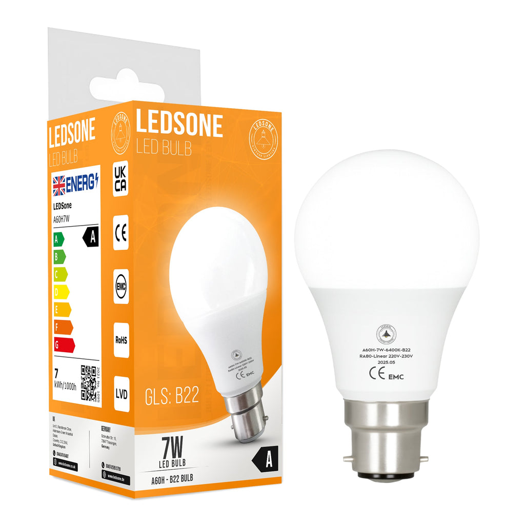 Efficient 7W LED A60 B22 Bayonet Bulb, 6400K Cool White Light
