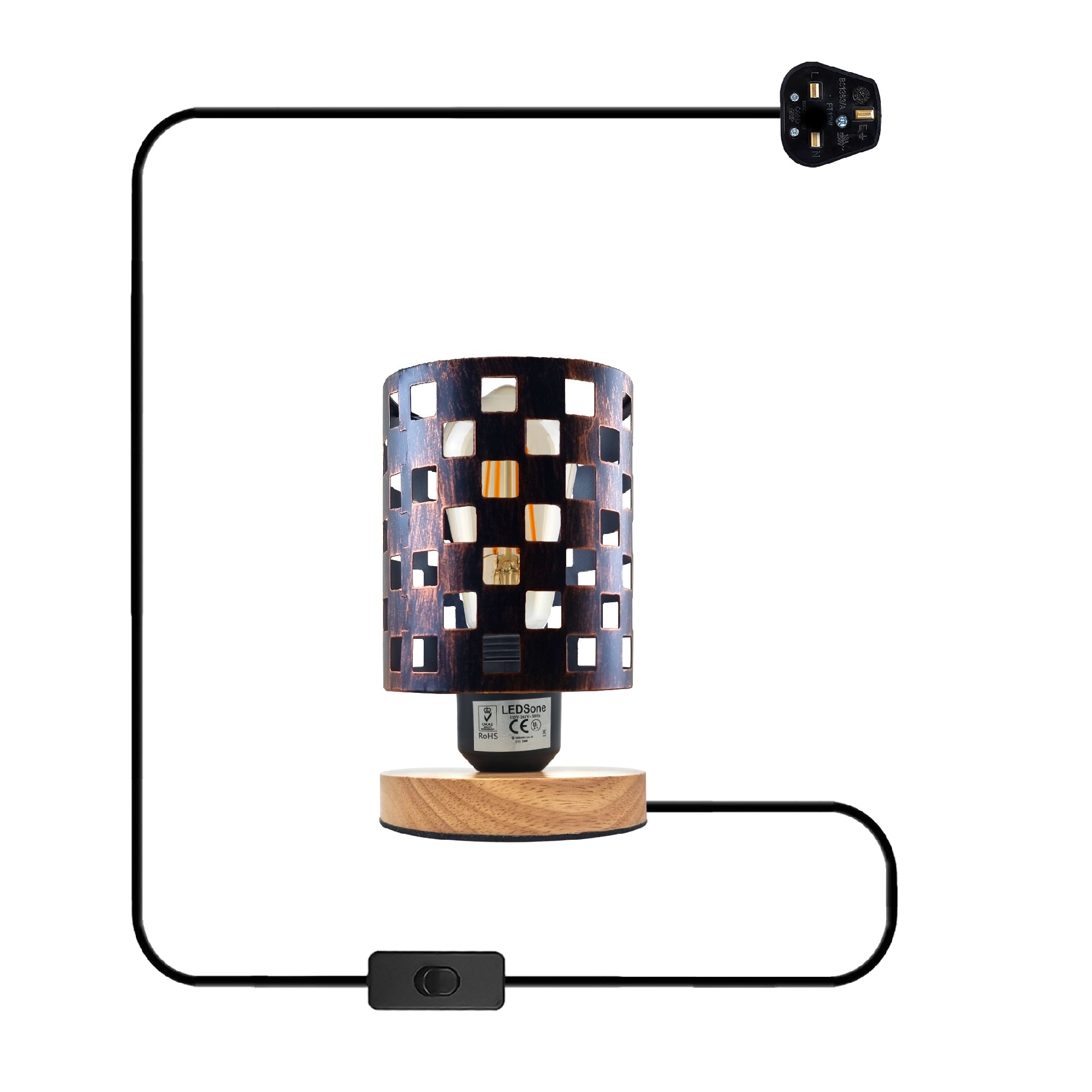 Modern Industrial Bedside Table Lamp with Metal Cage & Wood Base, E27 Plug-in