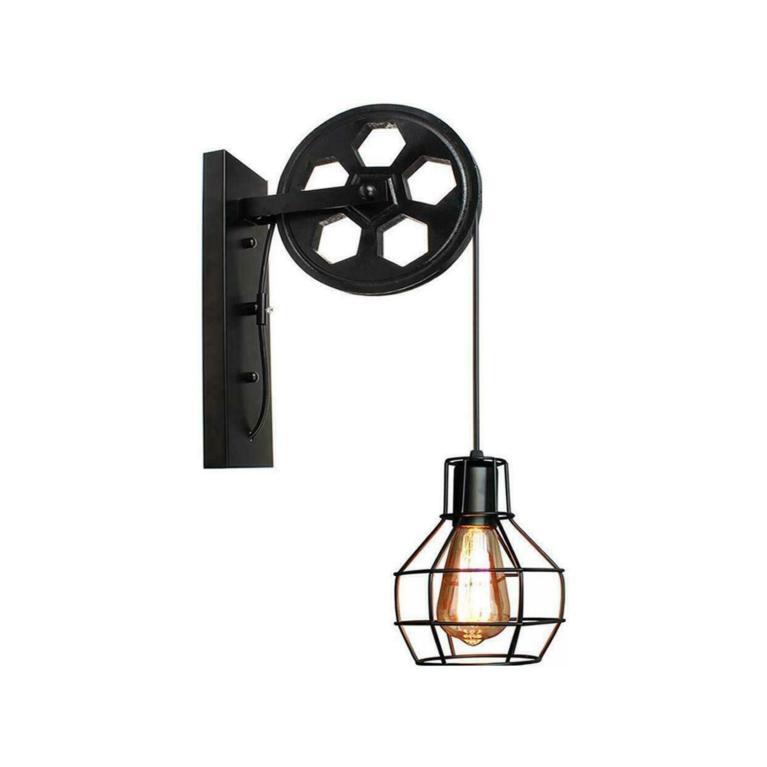 Adjustable Vintage Industrial Pulley Wall Lamp - Iron Art E27 Socket Light