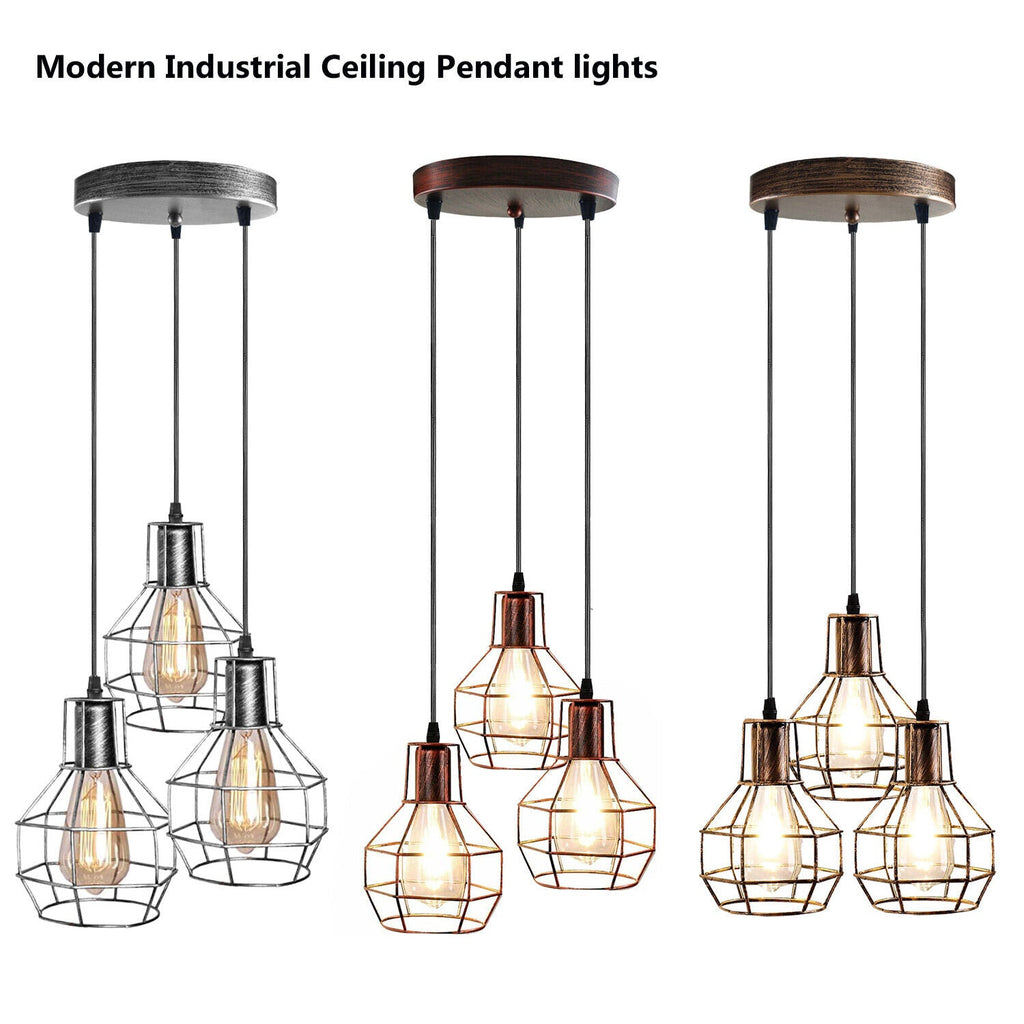 Industrial Retro 3-Light Hanging Cage Pendant Fixture, Adjustable Metal Design