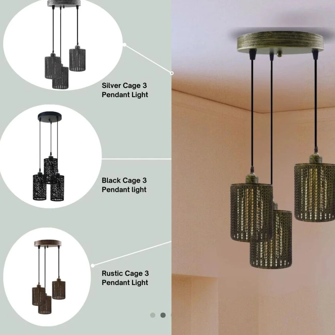 Industrial 3-Light Pendant Ceiling Fixture: Vintage Metal Cage Design with Adjustable Cords