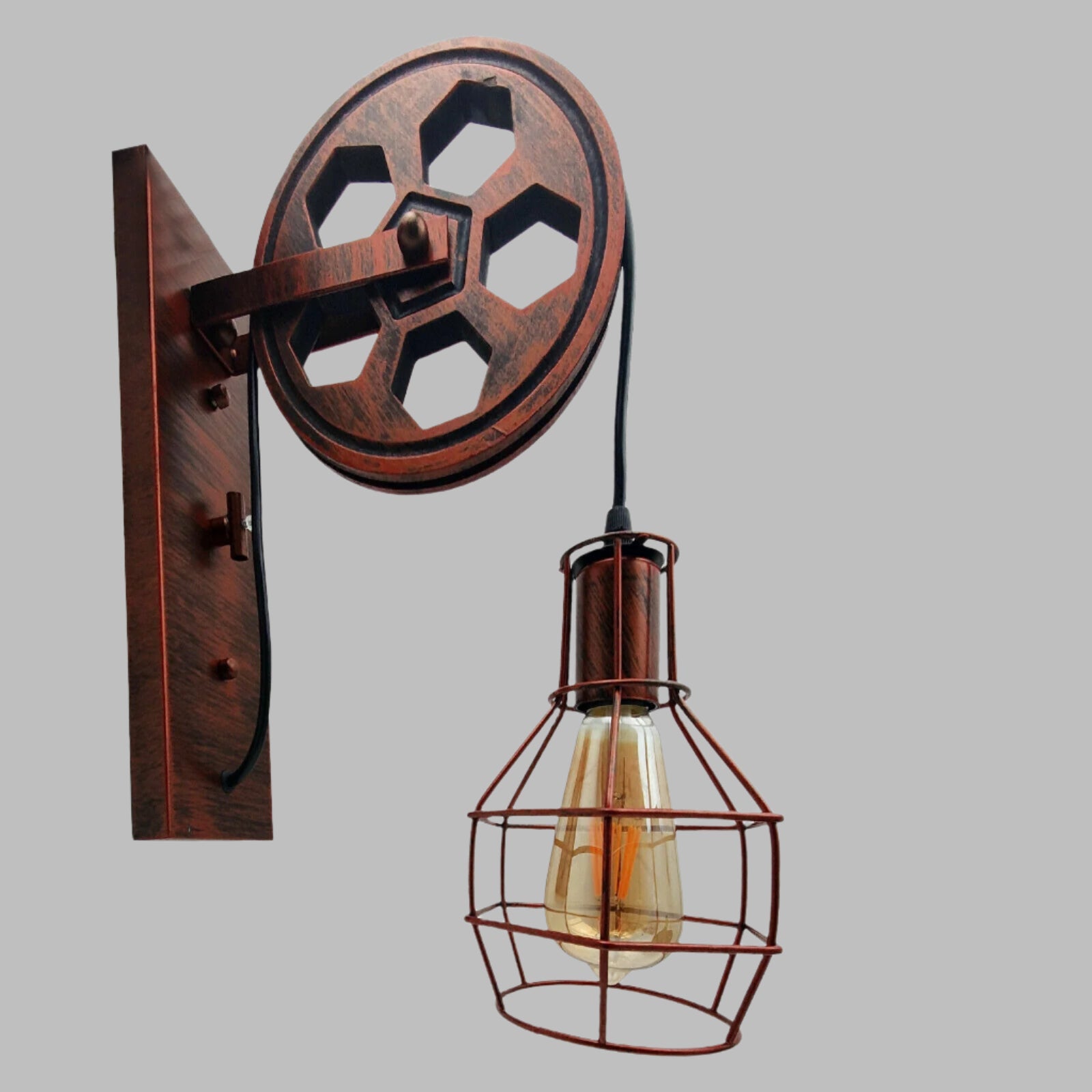 Vintage Industrial Pulley Wall Lamp: Adjustable Height E27 Lighting Fixture Home Decor