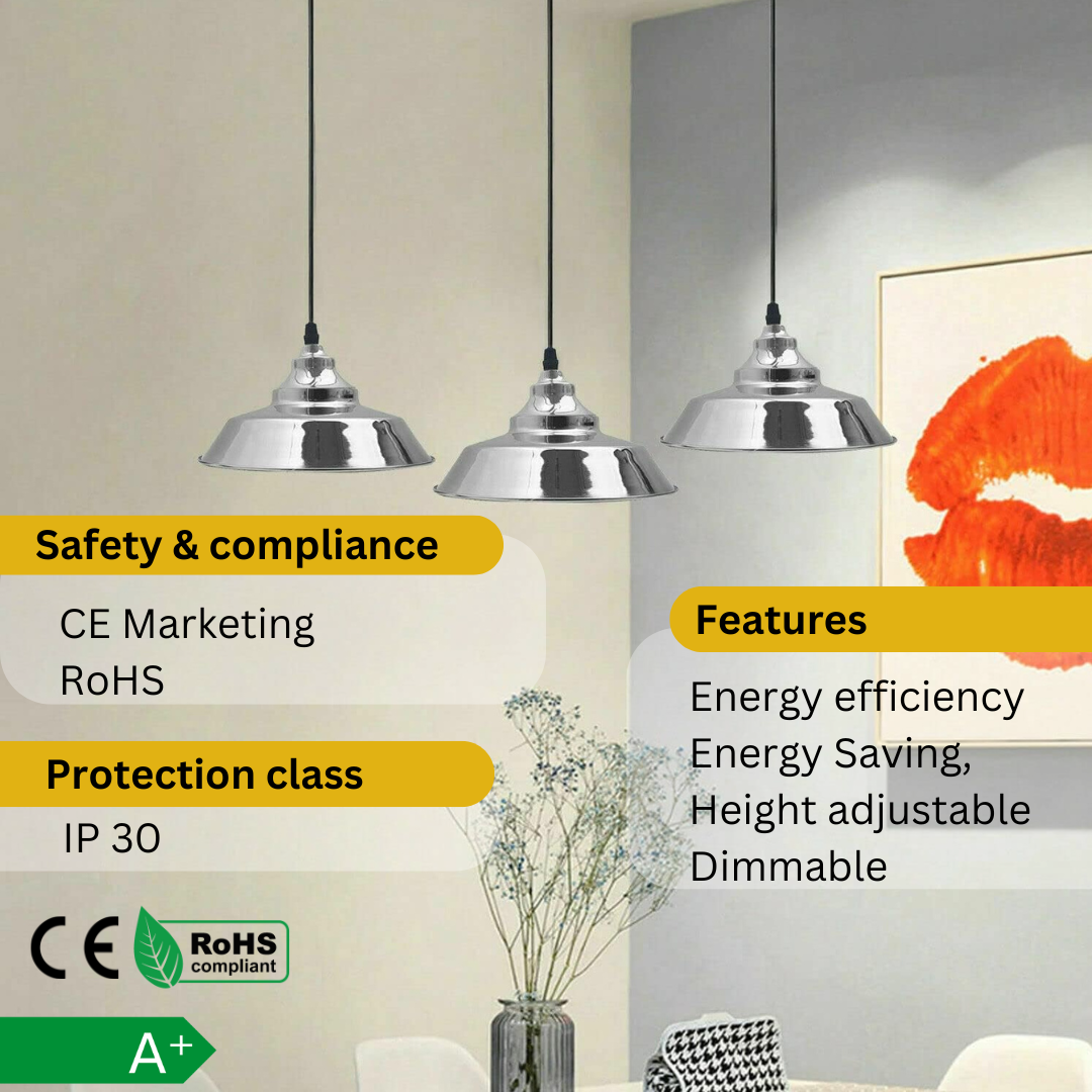 Chrome Metal 3-Bulb Adjustable Pendant Light for Kitchen Island & Stairwell