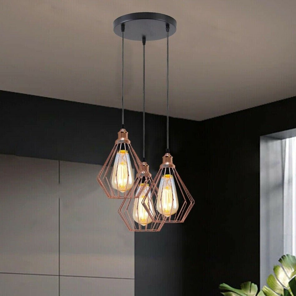 Vintage Industrial 3-Light E27 Cage Pendant Ceiling Light Fixture Metal
