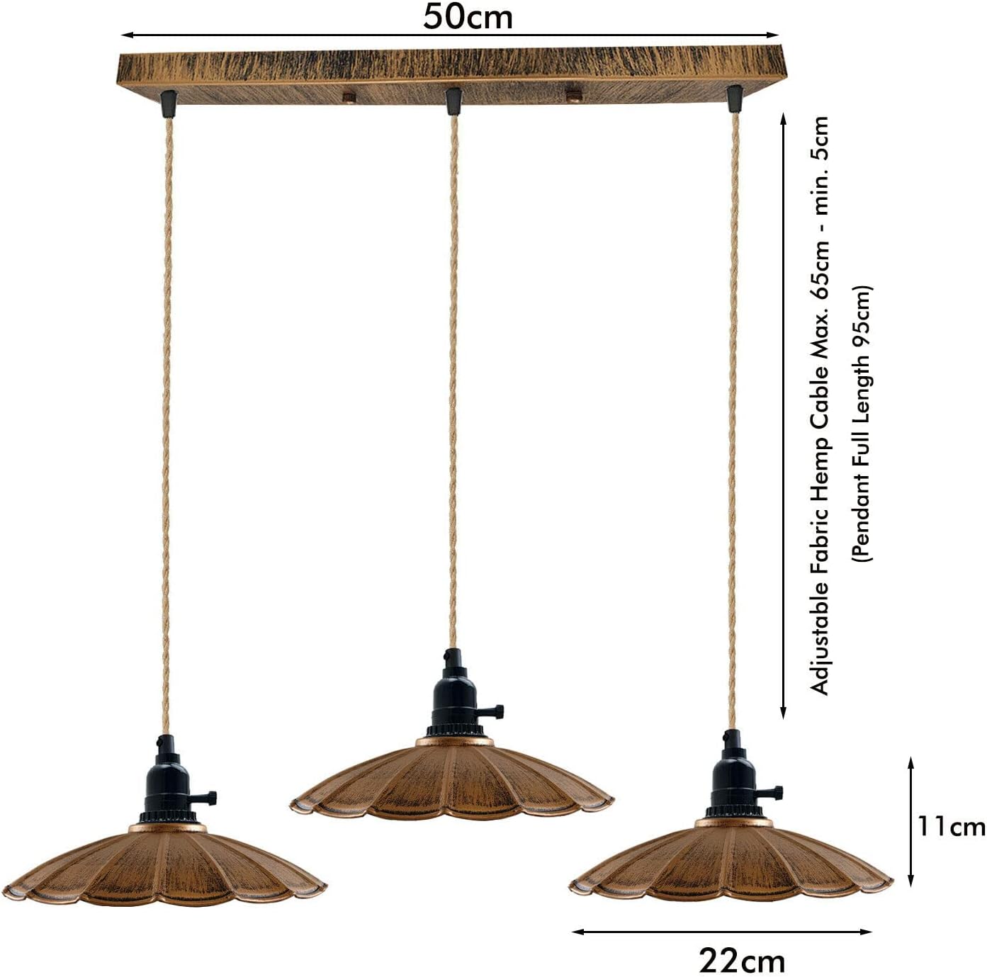Brushed Copper 3-Way E27 Retro Industrial Ceiling Pendant Light Fixture