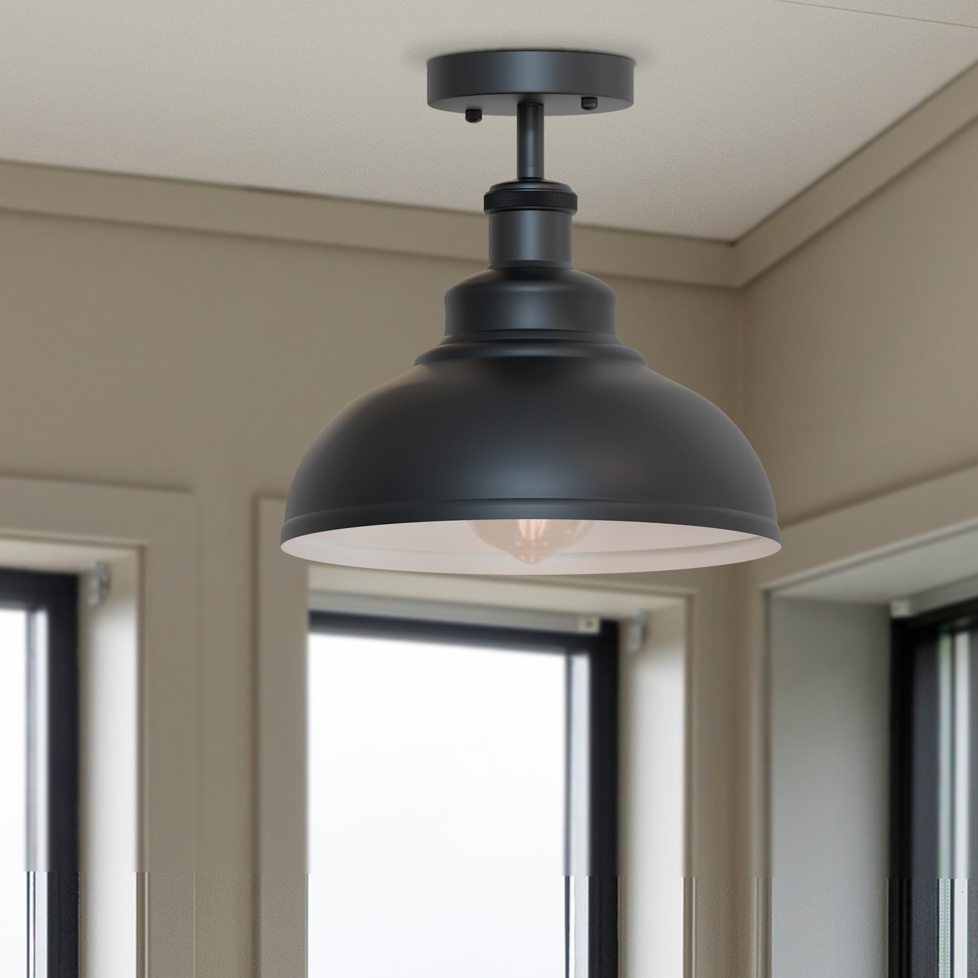 Industrial Modern Metal Dome Semi-Flush Ceiling Light E27 Base Fixture