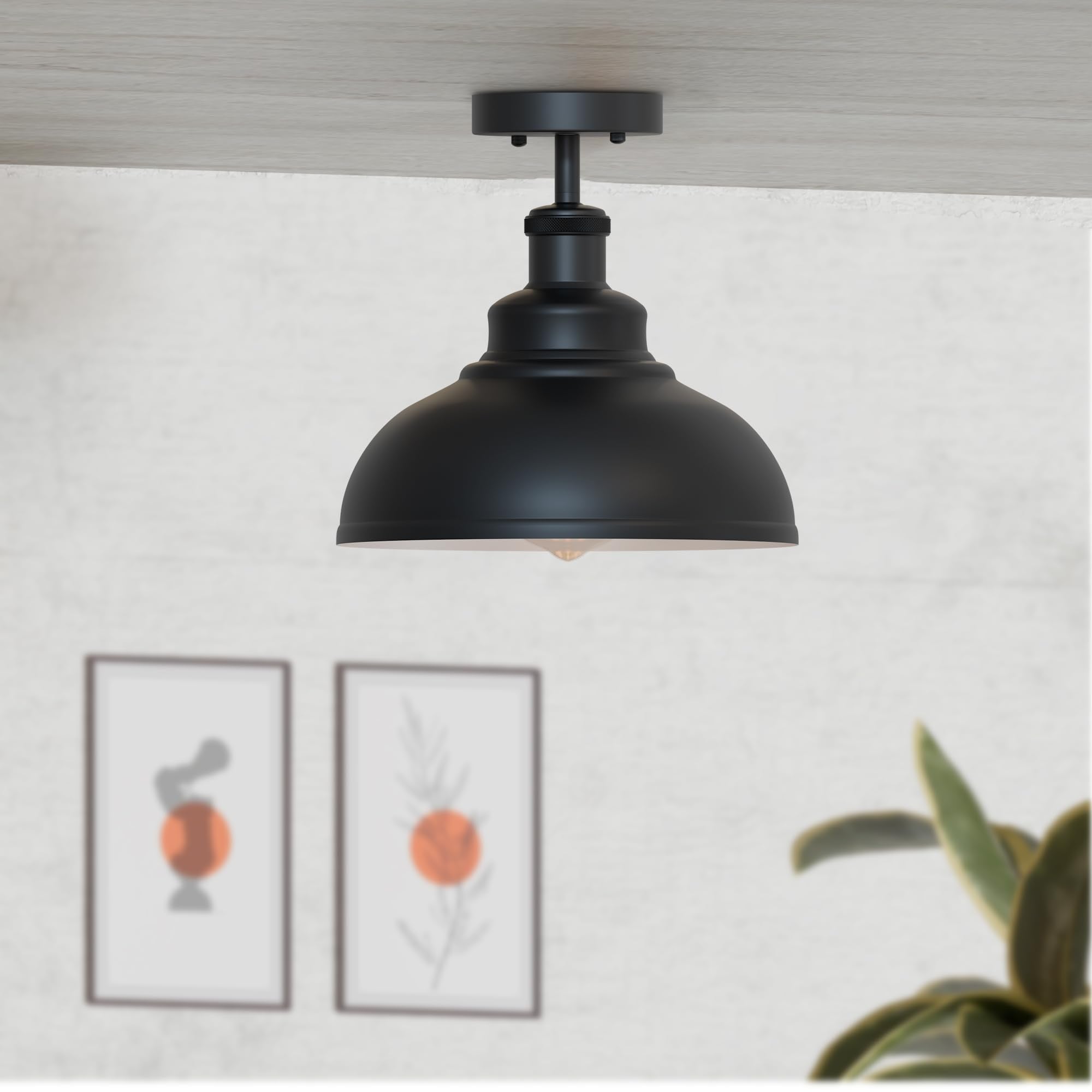 Industrial Modern Metal Dome Semi-Flush Ceiling Light E27 Base Fixture