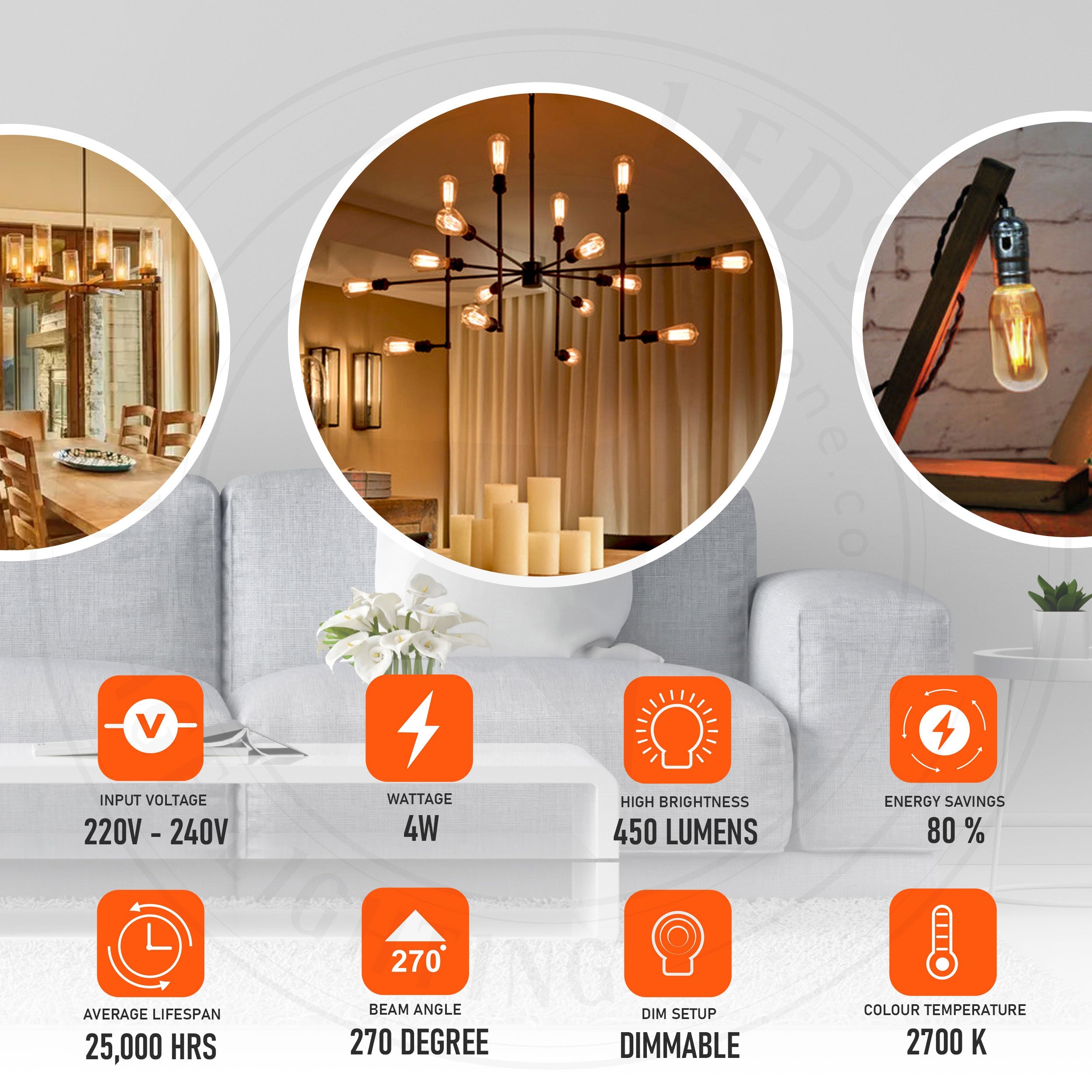4W T45 E27 Dimmable LED Vintage Filament Bulb, Warm White Edison Style