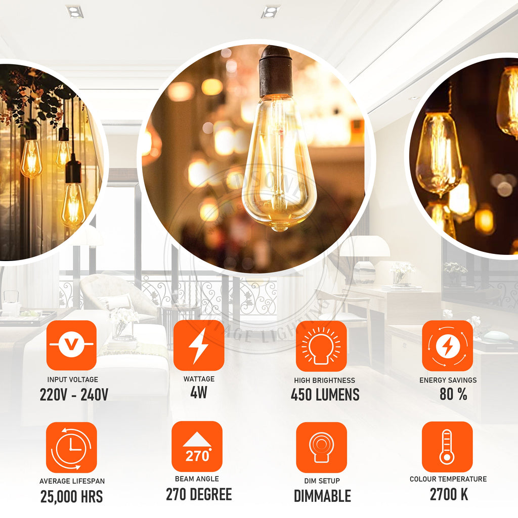 Dimmable ST64 B22 4W Edison Filament LED Light Bulbs Warm White Retro Style