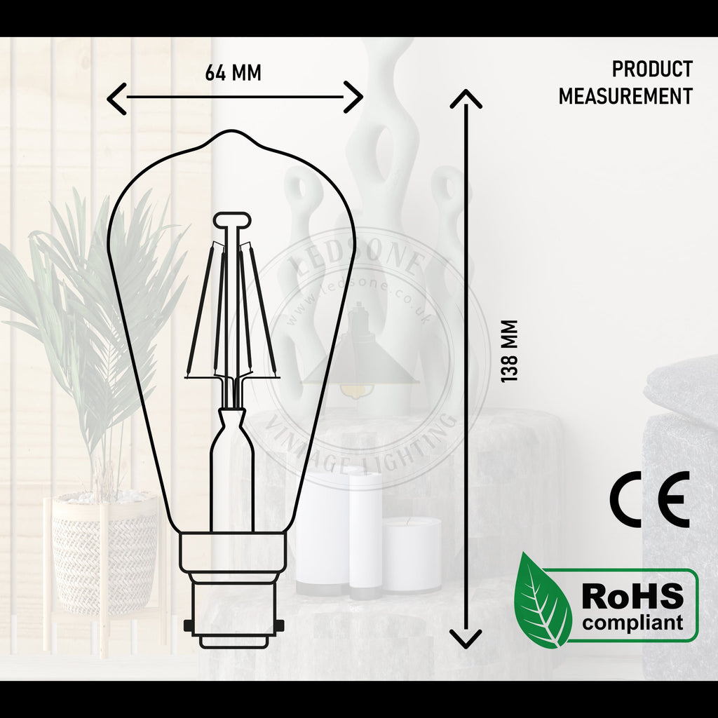 Dimmable ST64 B22 4W Edison Filament LED Light Bulbs Warm White Retro Style