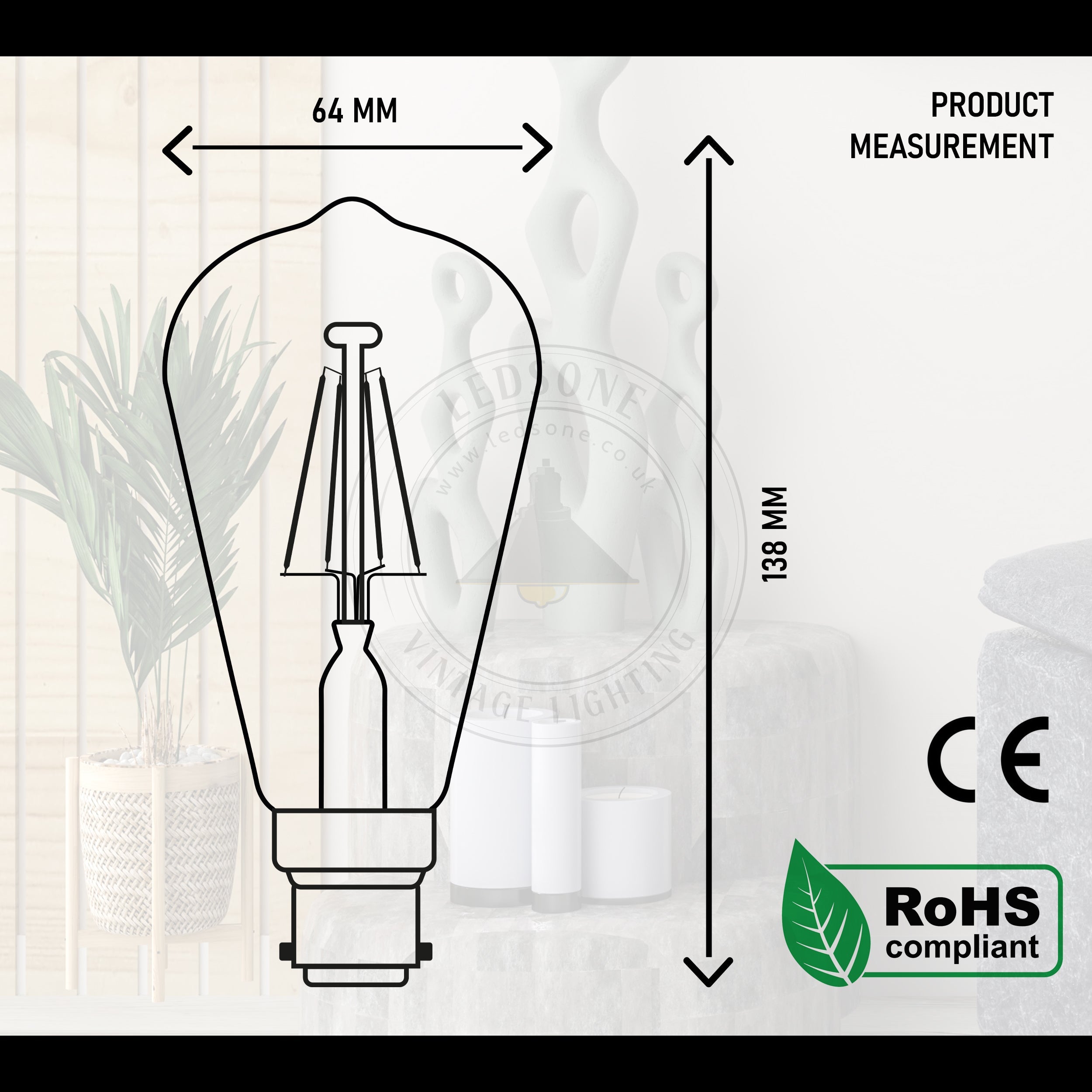 Dimmable ST64 B22 4W Edison Filament LED Light Bulbs Warm White Retro Style