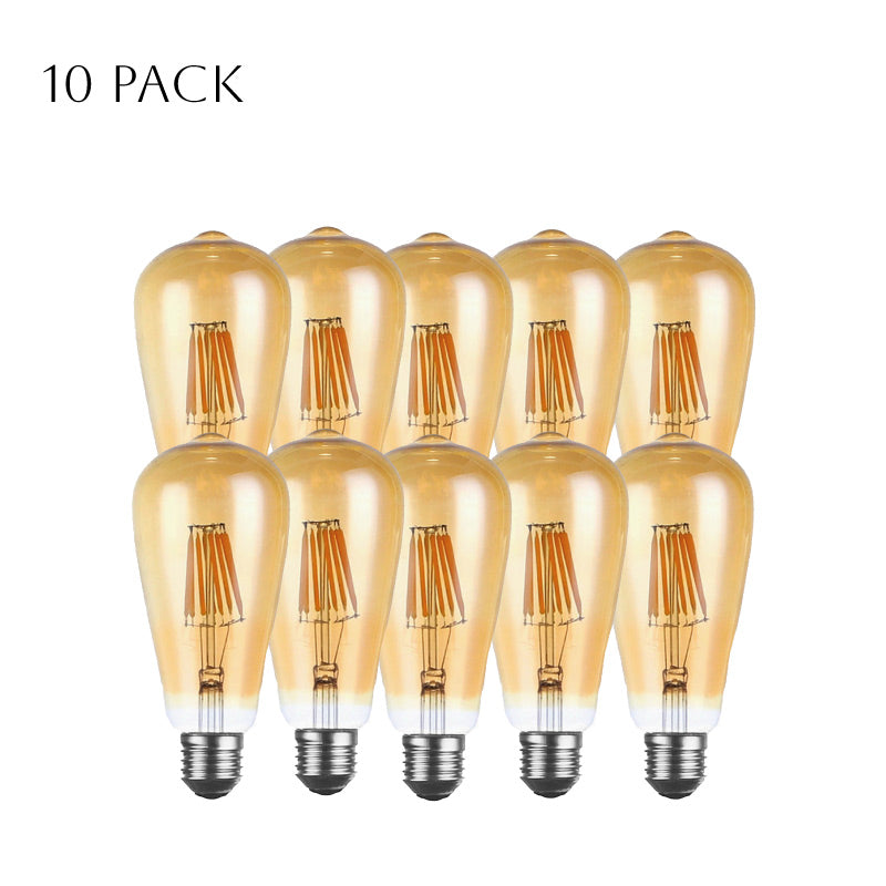 10-Pack Dimmable E27 ST64 LED Edison Filament Bulbs, Warm White Amber