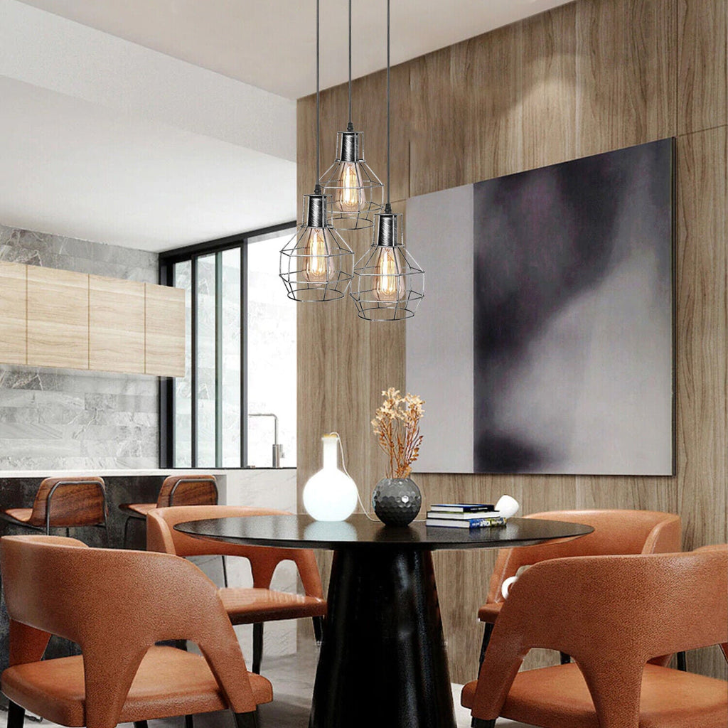 Industrial Retro 3-Light Hanging Cage Pendant Fixture, Adjustable Metal Design