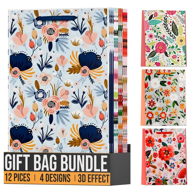 Assorted Floral Gift Bags Multipack Elegant Kraft Paper Handles All Occasions