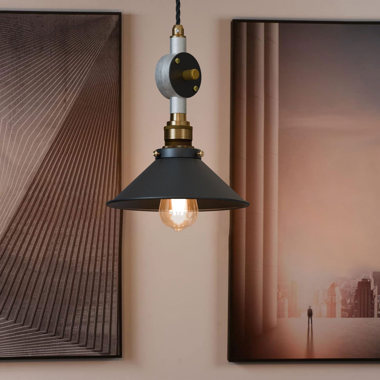 Black Industrial Dimmable Cone Shade Pendant Light Adjustable Height Metal Fixture