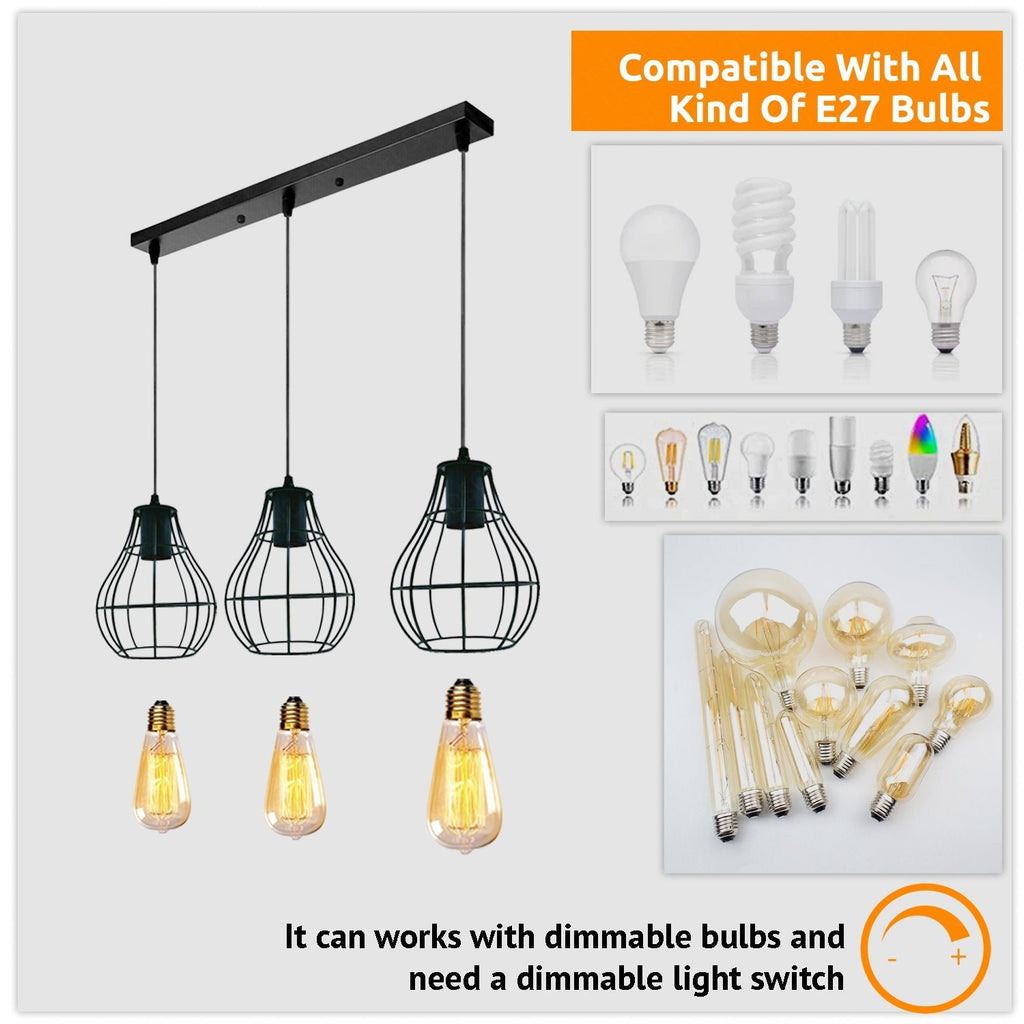 Black Industrial 3-Light Pendant Ceiling Fixture, Adjustable Metal Cage Design