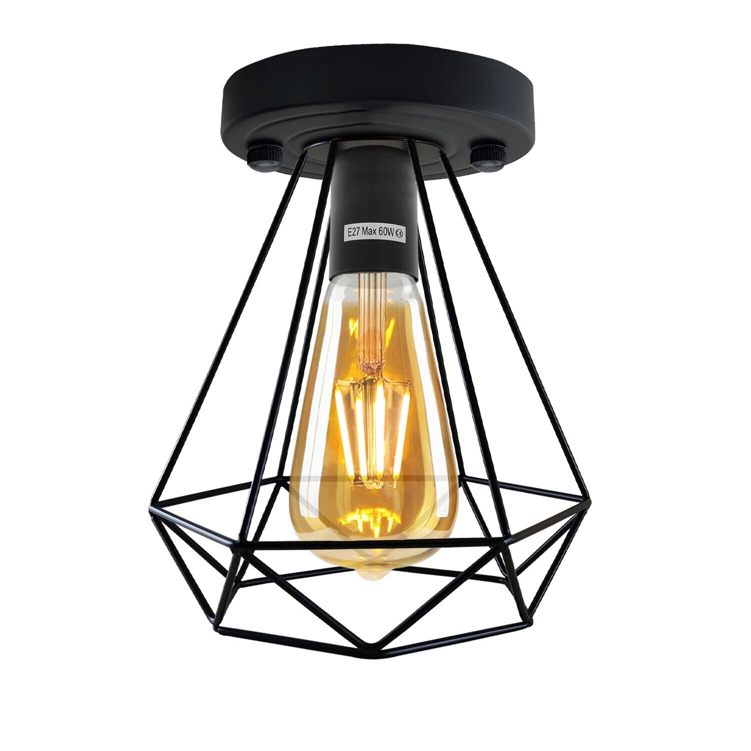 Modern Industrial Black Metal Wire Cage Semi Flush Ceiling Light