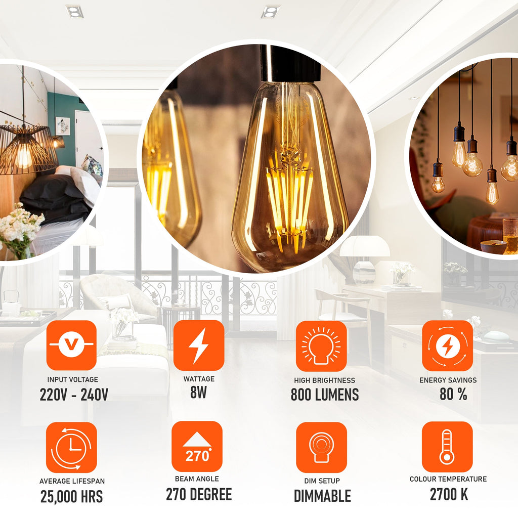 6-Pack Dimmable ST64 E27 Screw LED Filament Bulbs, 8W Retro Warm White