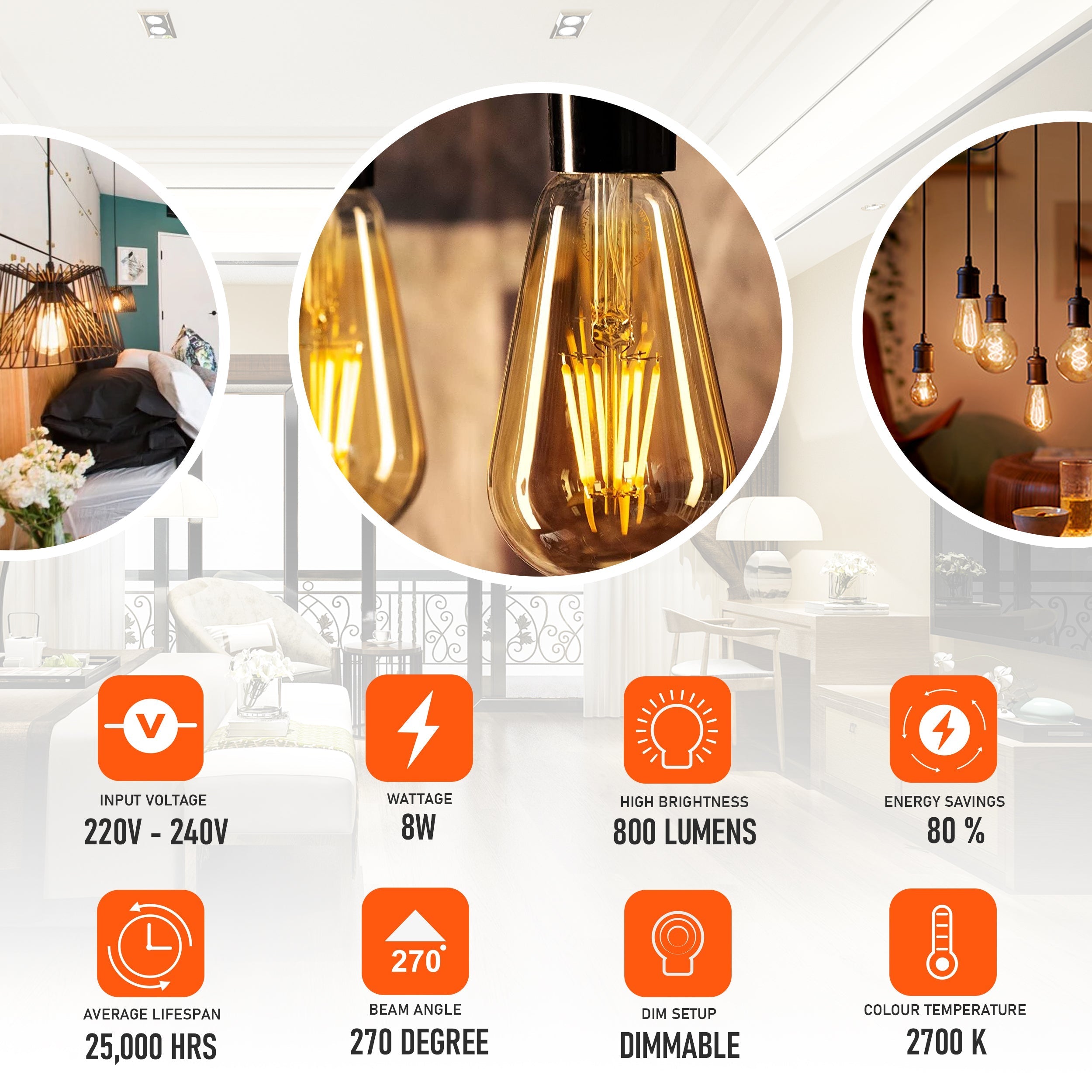 6-Pack Dimmable ST64 E27 Screw LED Filament Bulbs, 8W Retro Warm White