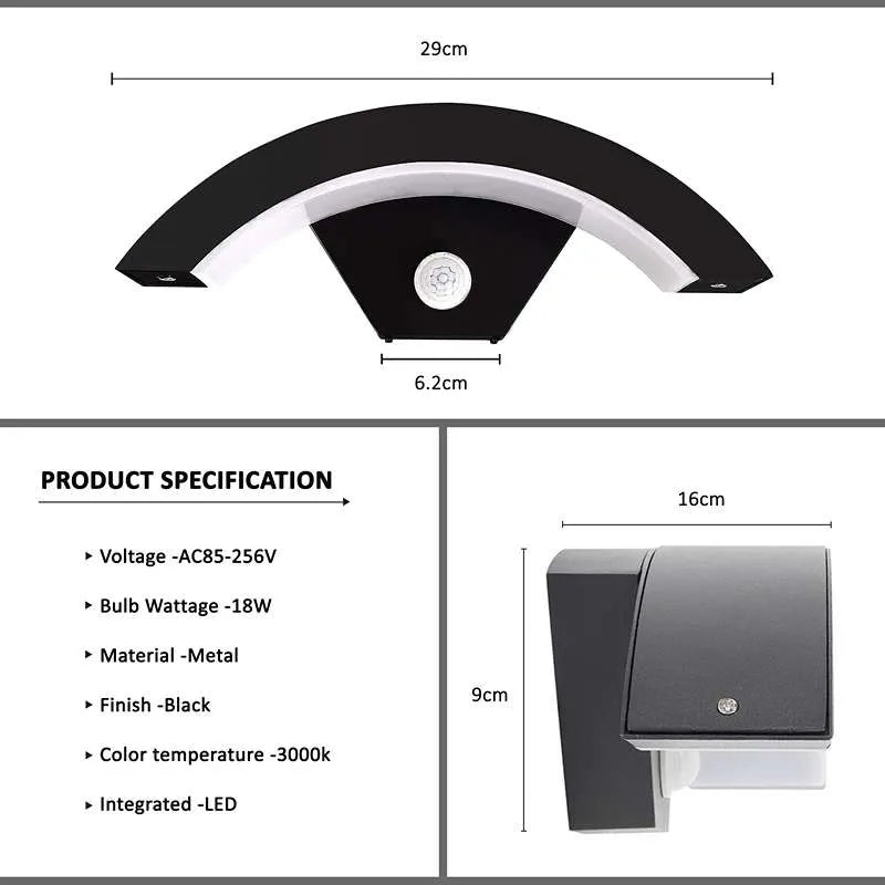 Modern Curved 18W LED Outdoor Wall Light with PIR Motion Sensor IP54 Rated