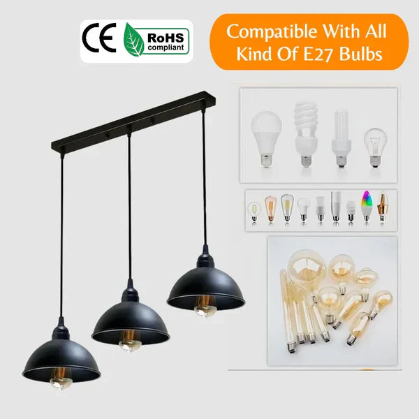 Industrial 3 Head Black Dome Pendant Light for Kitchen Islands