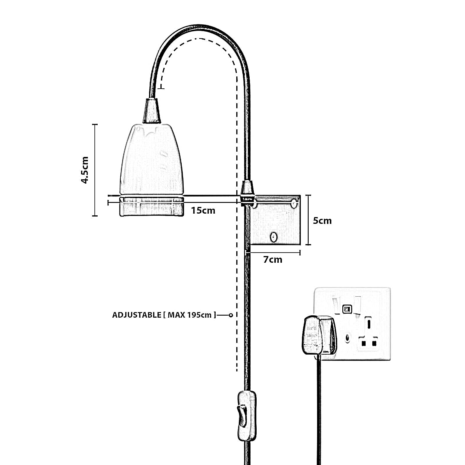 Plug-In Wall Light E27 Socket Adjustable Hanging Cord ~ 5696