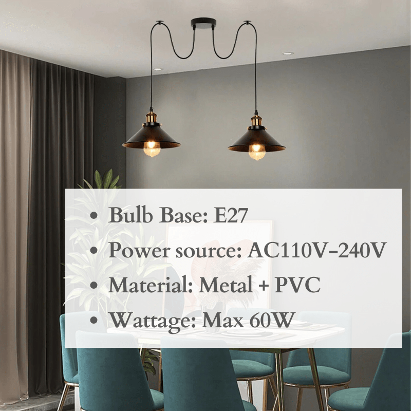Industrial Retro Dual Metal Cone Pendant Light Fixture, E27 Bulb Base