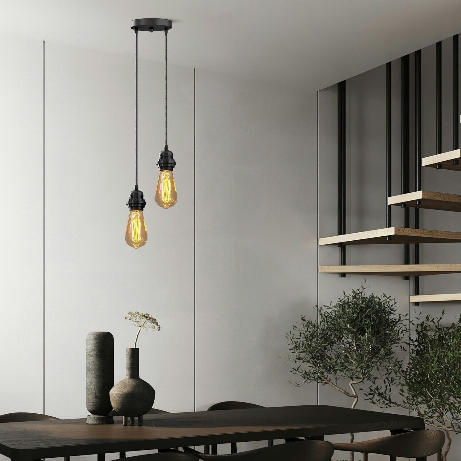 Black Dual Fabric Cable E27 Pendant Light Kit with Ceiling Rose