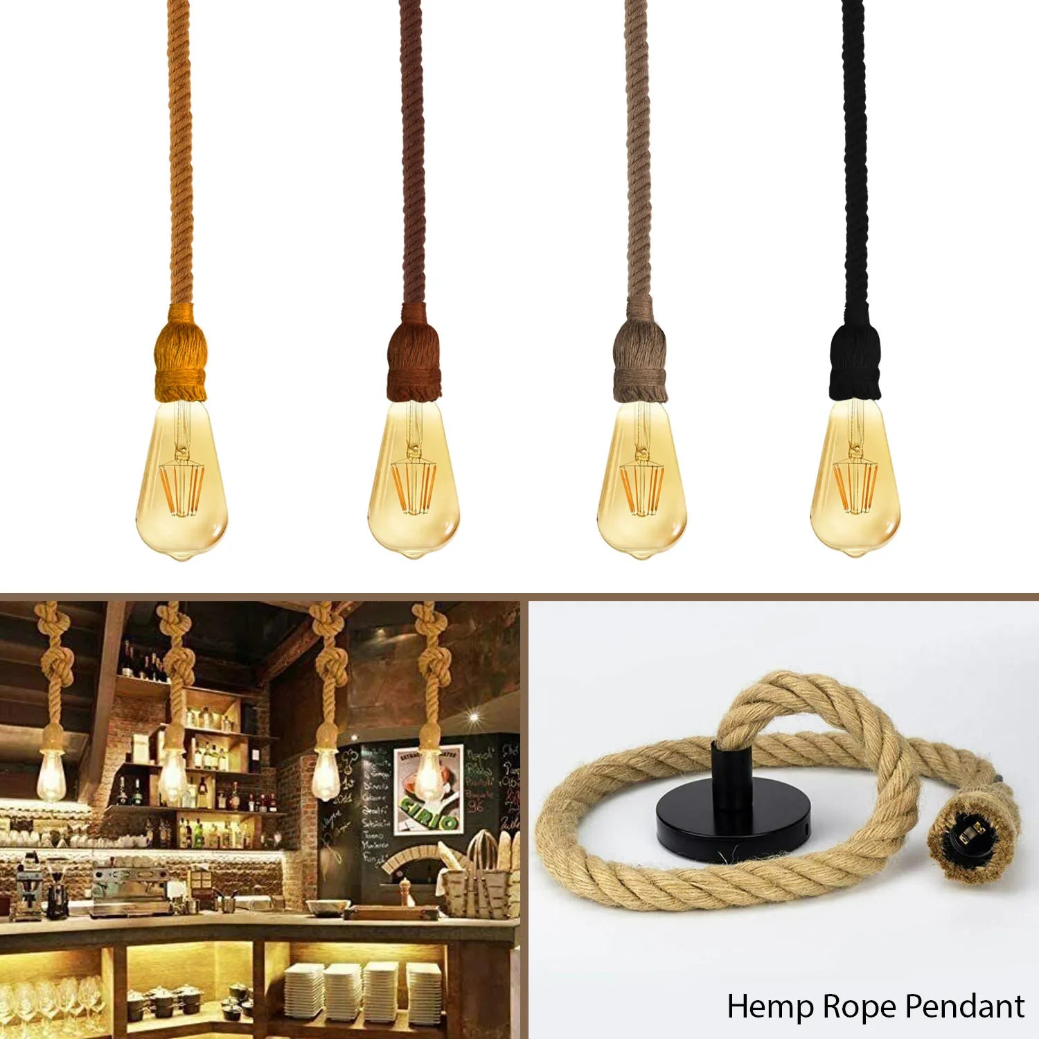 Rustic Hemp Rope Ceiling Pendant Light E27 Fitting for Industrial Decor