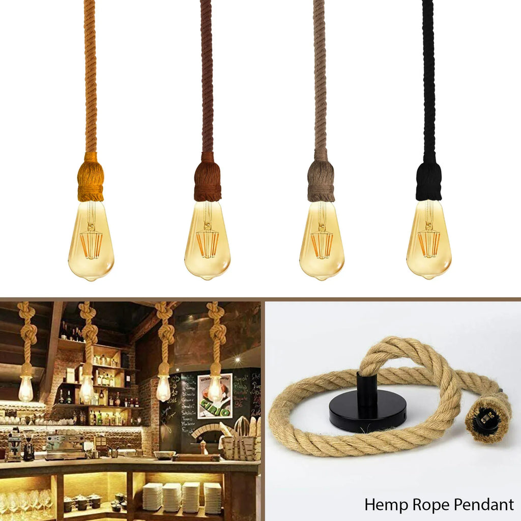 Vintage Rustic Hemp Rope Pendant Light E27 Industrial Ceiling Fixture