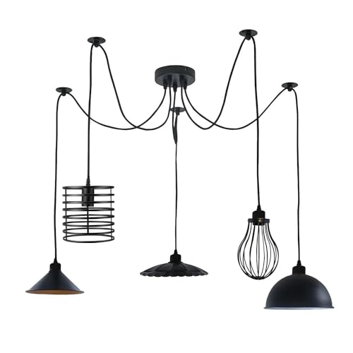 Industrial 5-Light Spider Pendant Chandelier Matte Black Exposed Bulb Fixture