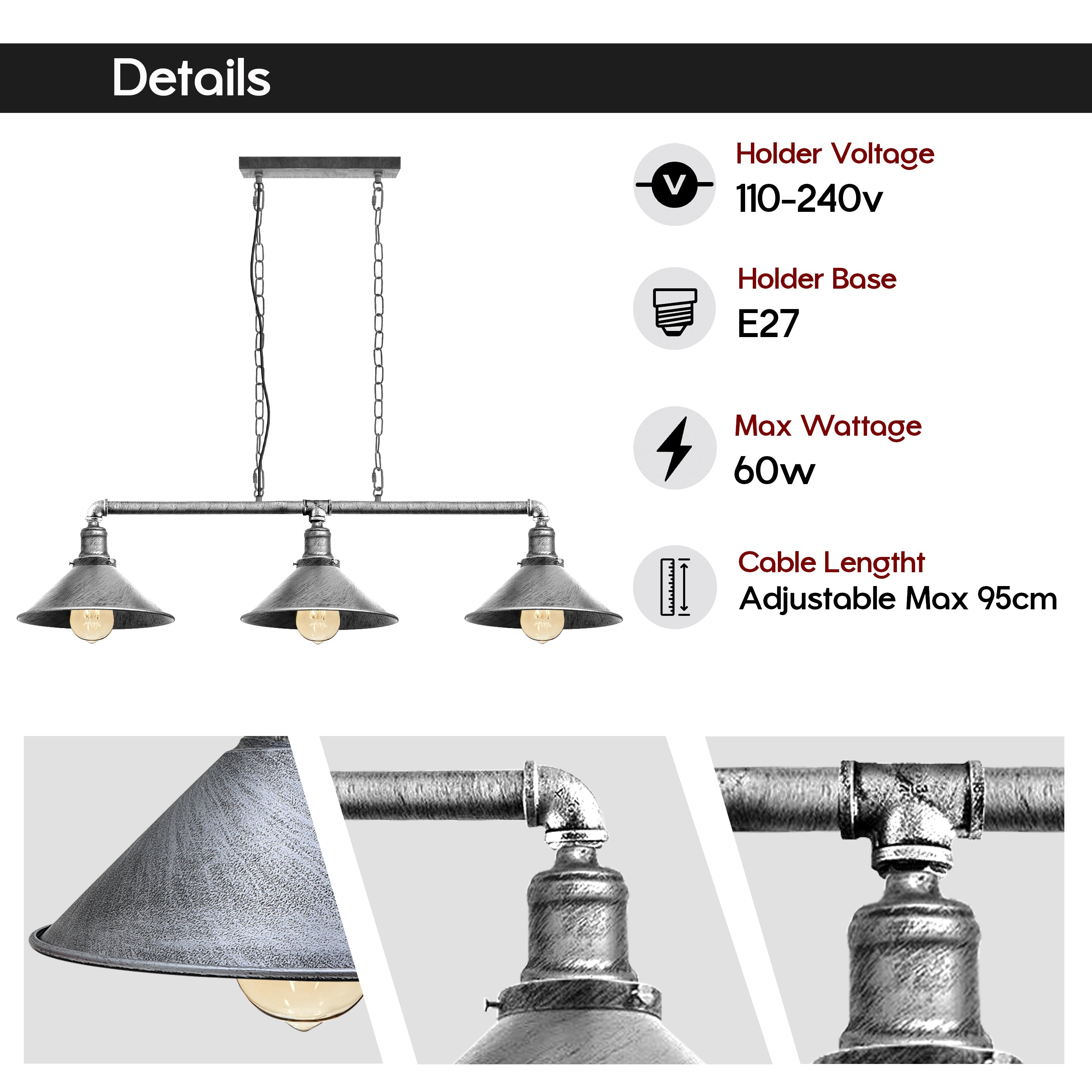 Industrial Steampunk 3-Bulb Metal Pipe Pendant Light for Kitchen & Dining