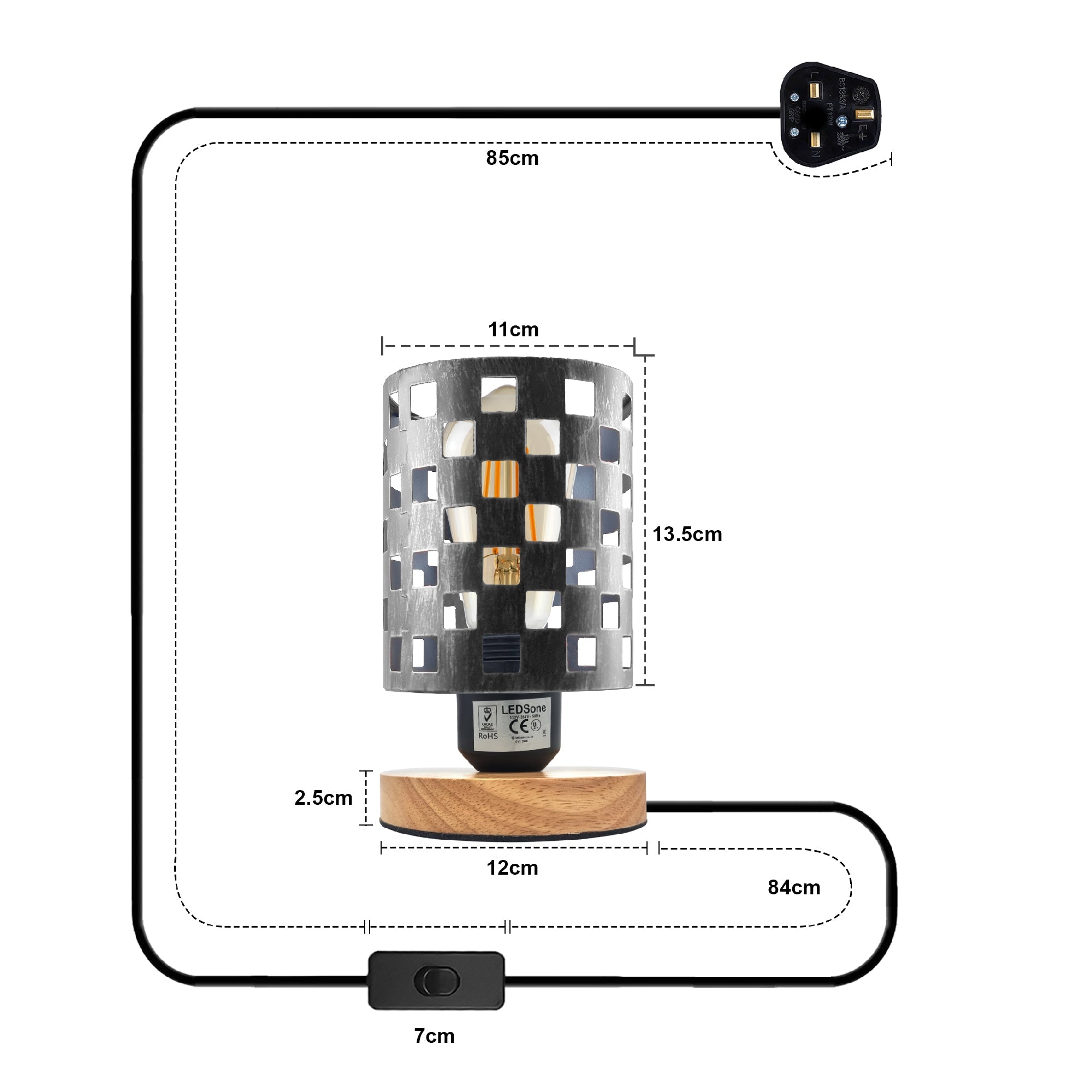 Modern Industrial Bedside Table Lamp with Metal Cage & Wood Base, E27 Plug-in