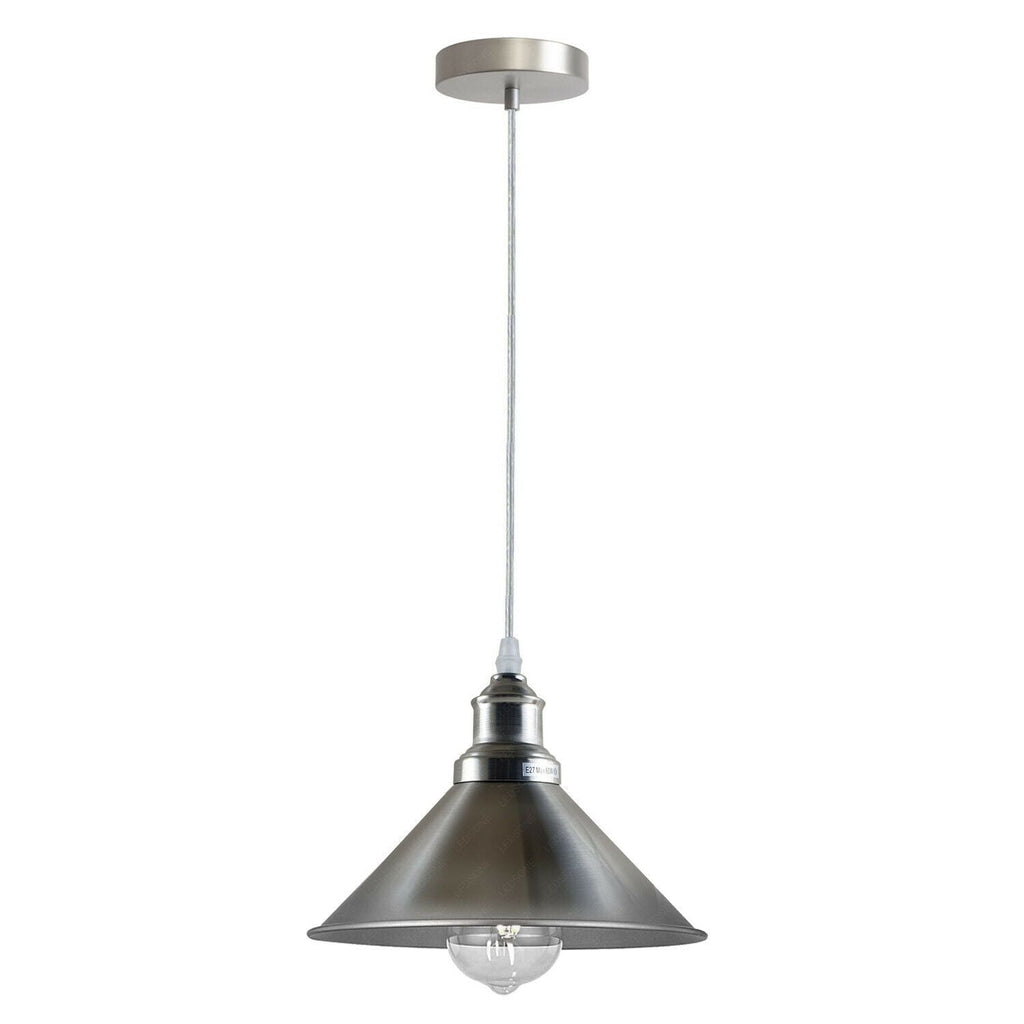 Industrial Vintage Satin Nickel Metal Cone E27 Pendant Ceiling Light