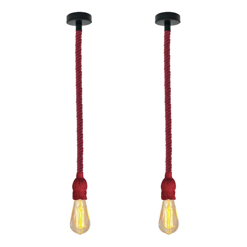 Red Hemp Rope Industrial Pendant Light Fixture, Adjustable Rustic E27 Ceiling Lamp