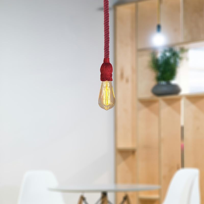 Red Hemp Rope Industrial Pendant Light Fixture, Adjustable Rustic E27 Ceiling Lamp