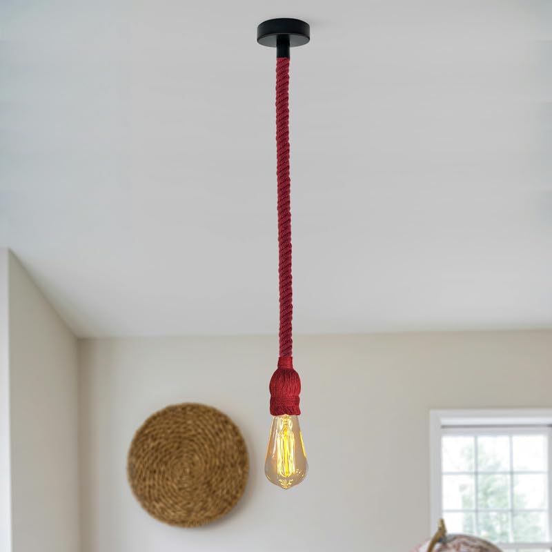 Red Hemp Rope Industrial Pendant Light Fixture, Adjustable Rustic E27 Ceiling Lamp