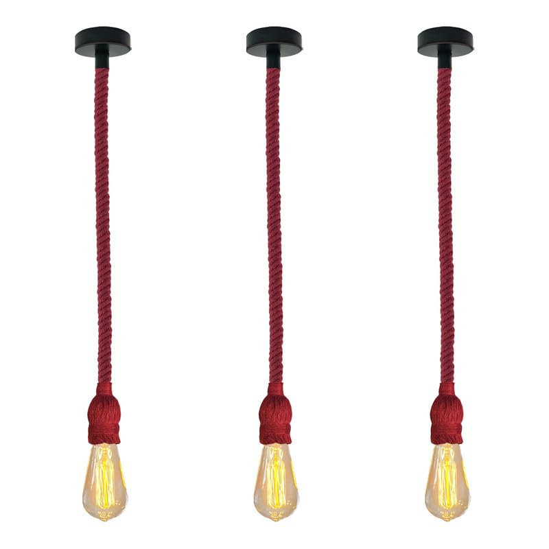 Red Hemp Rope Industrial Pendant Light Fixture, Adjustable Rustic E27 Ceiling Lamp