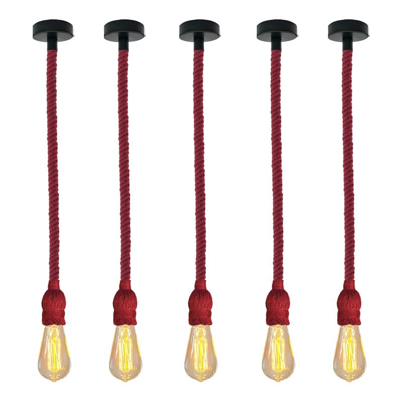 Red Hemp Rope Industrial Pendant Light Fixture, Adjustable Rustic E27 Ceiling Lamp