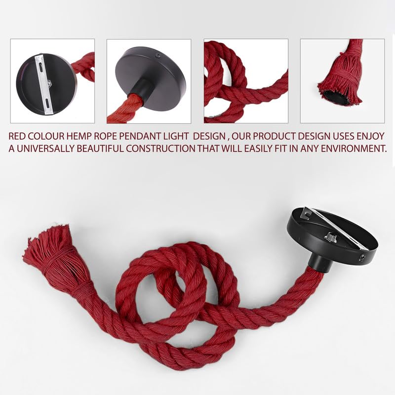 Red Hemp Rope Industrial Pendant Light Fixture, Adjustable Rustic E27 Ceiling Lamp