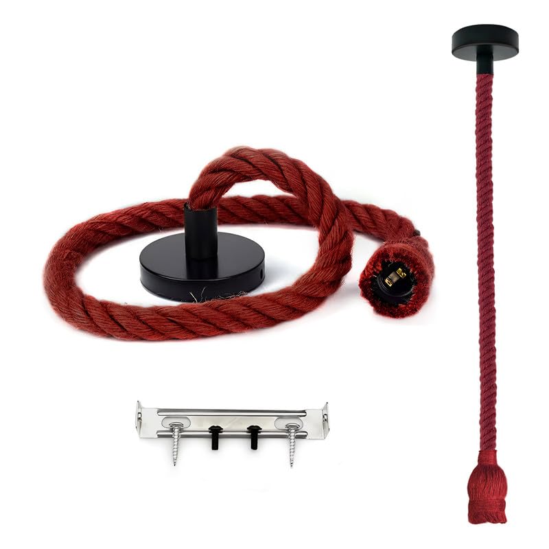 Red Hemp Rope Industrial Pendant Light Fixture, Adjustable Rustic E27 Ceiling Lamp
