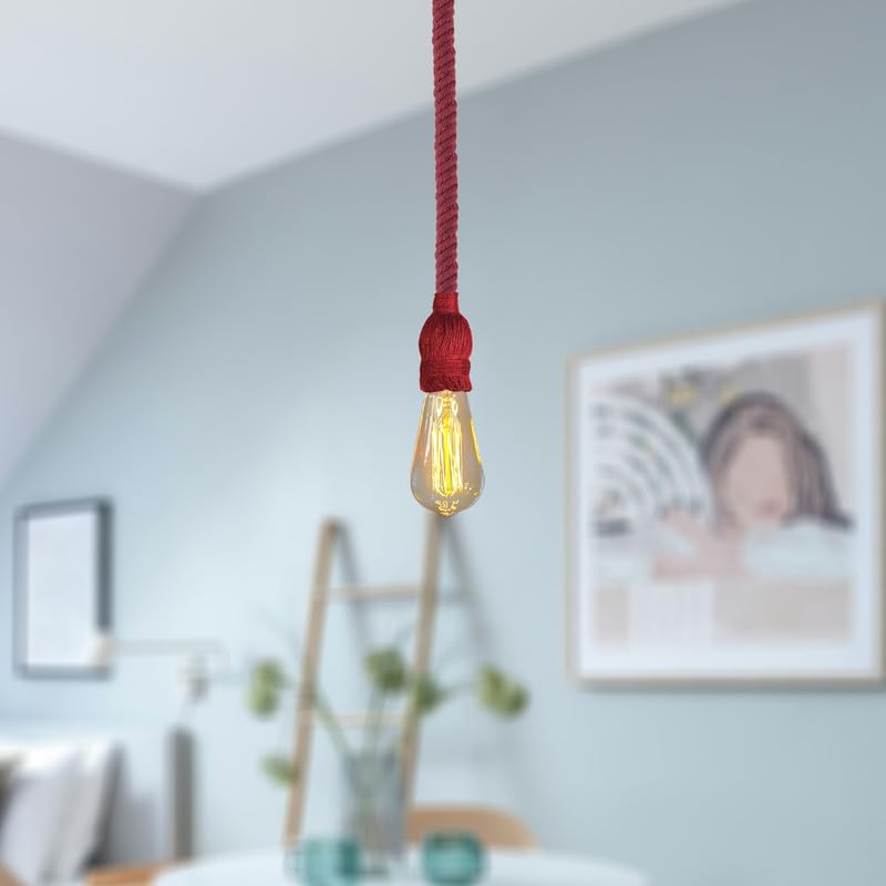 Red Hemp Rope Industrial Pendant Light Fixture, Adjustable Rustic E27 Ceiling Lamp