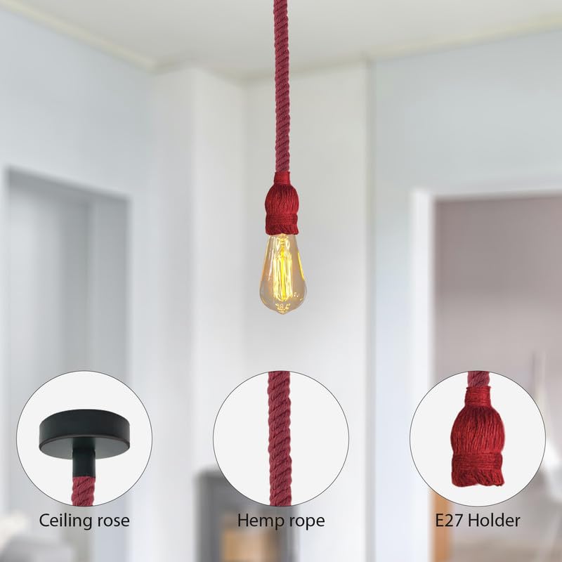 Red Hemp Rope Industrial Pendant Light Fixture, Adjustable Rustic E27 Ceiling Lamp