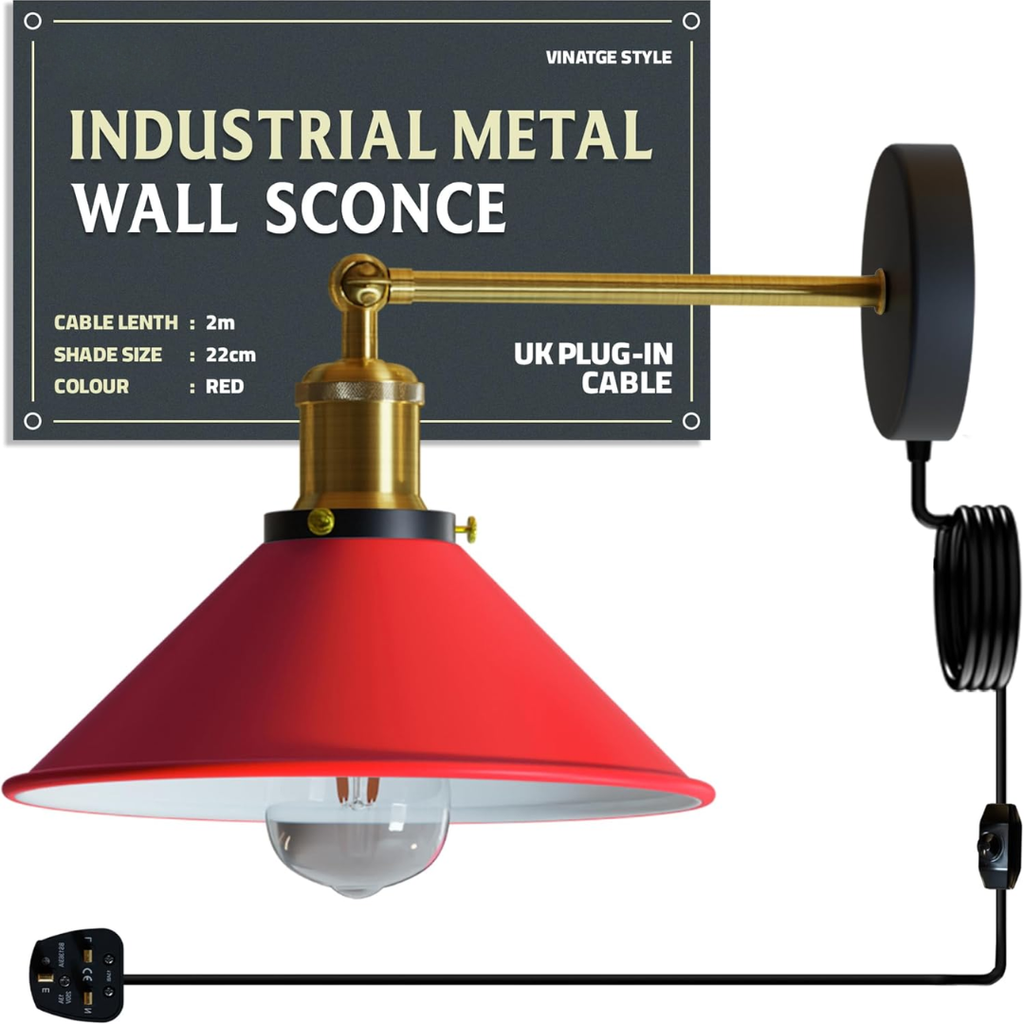 Industrial Indoor Plug-in Wall Light with Dimmer Switch, Adjustable Metal Shade
