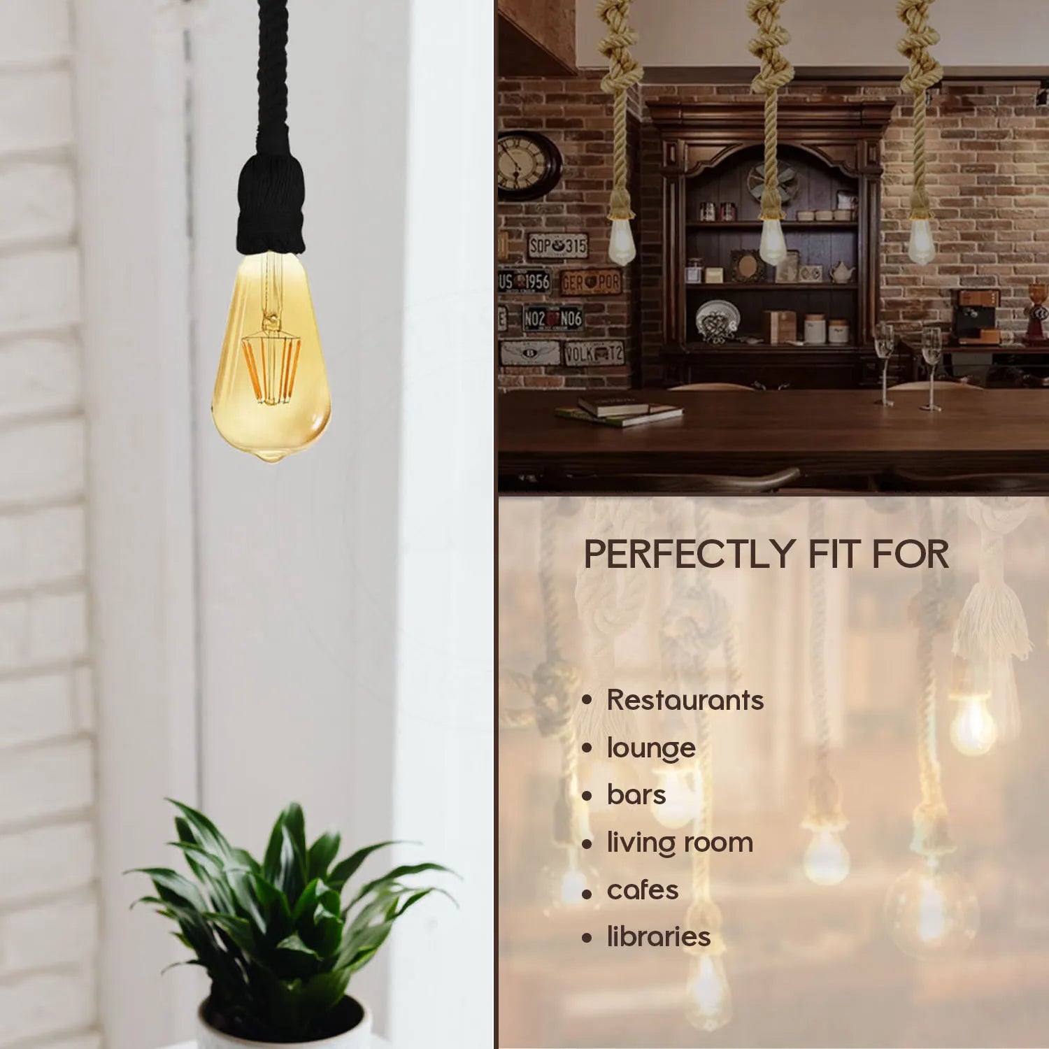 Vintage Rustic Hemp Rope Pendant Light E27 Industrial Ceiling Fixture