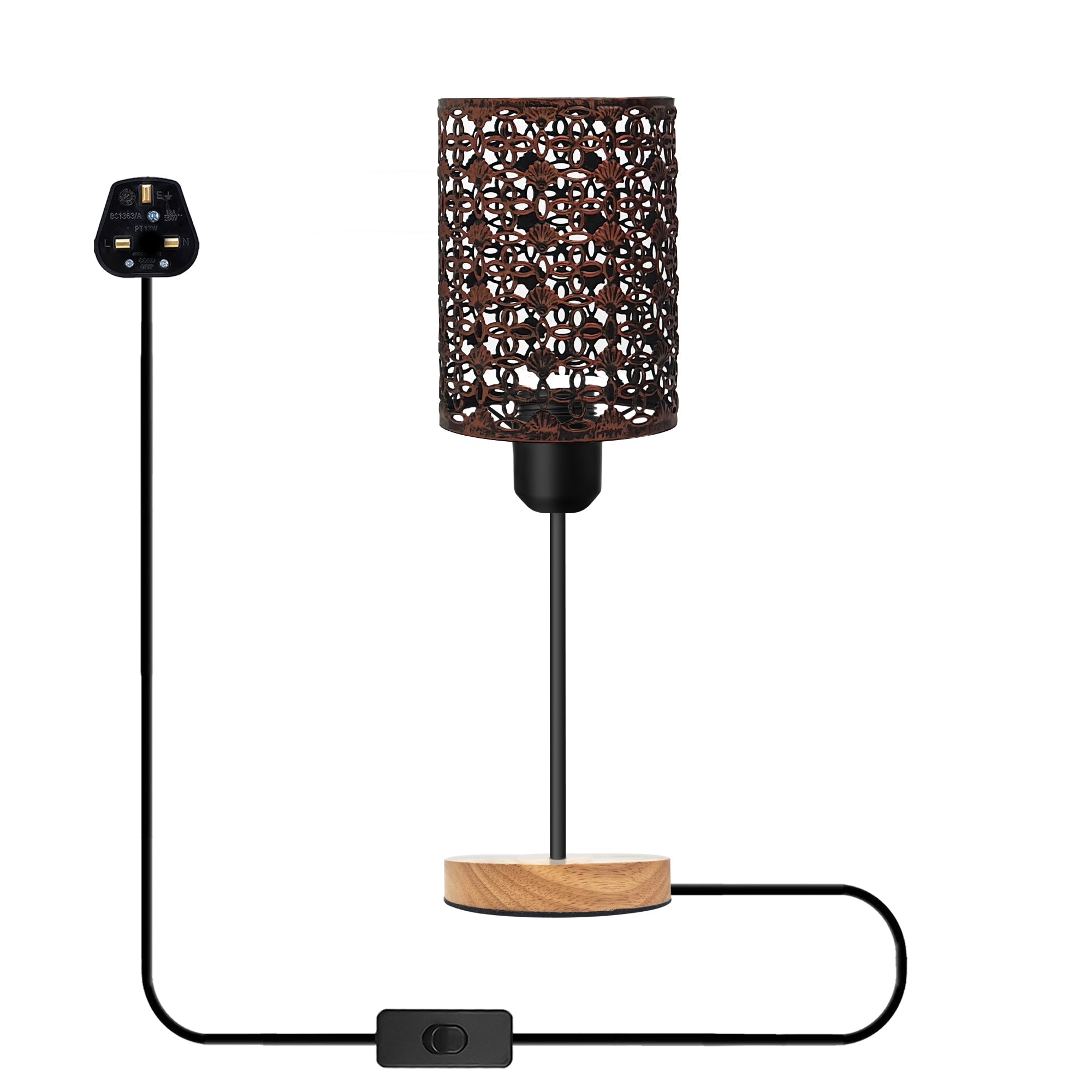 Modern Industrial Metal Cage Table Lamp with Wooden Base, Bedside Desk Light