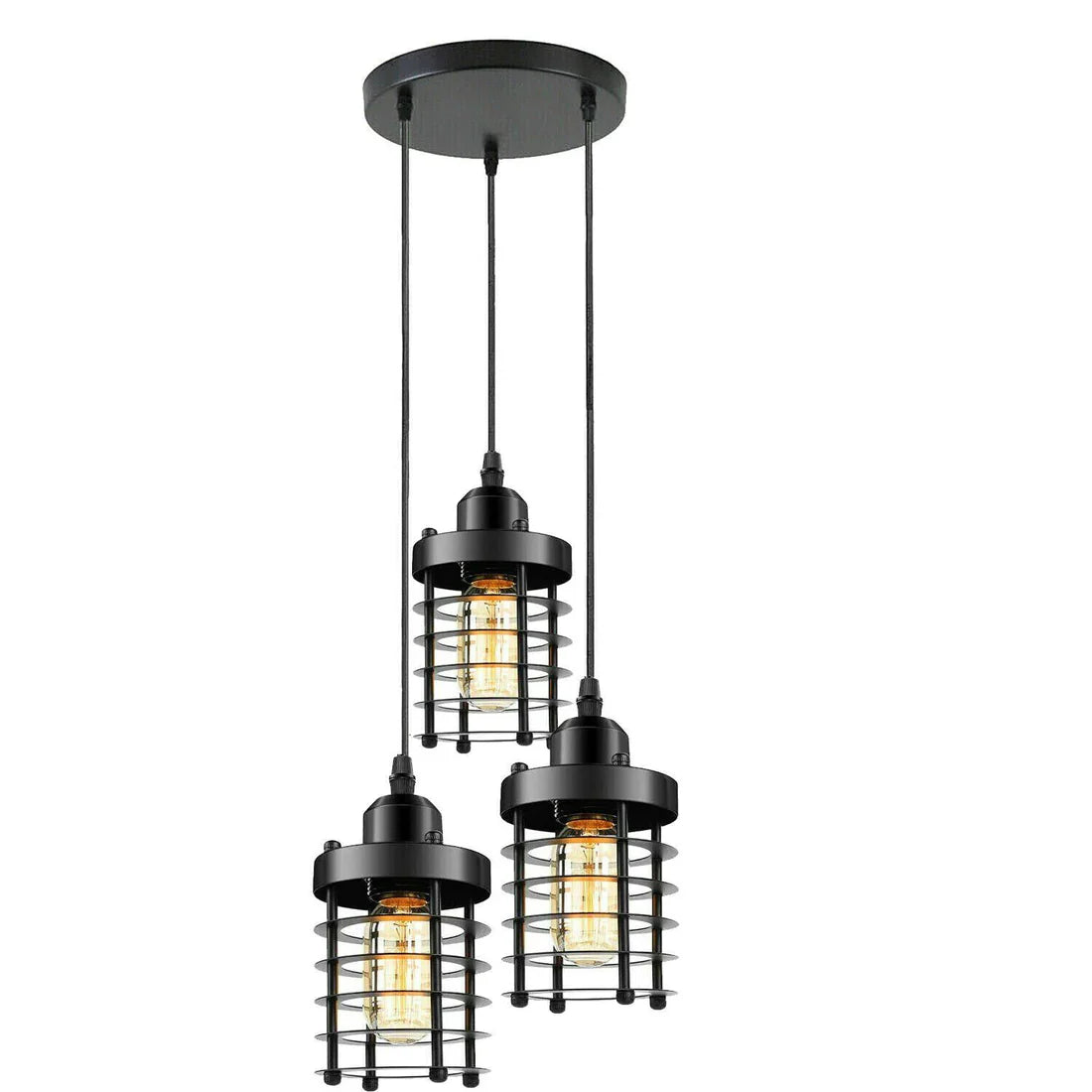 Adjustable Industrial 3-Light Metal Cage Cluster Pendant Ceiling Fixture
