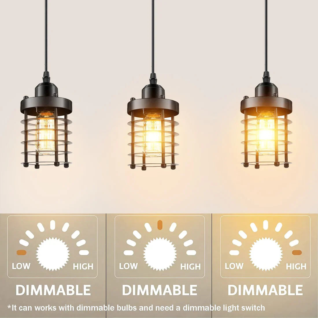 Adjustable 3-Light Industrial Metal Cage Cluster Pendant Ceiling Mount Fixture