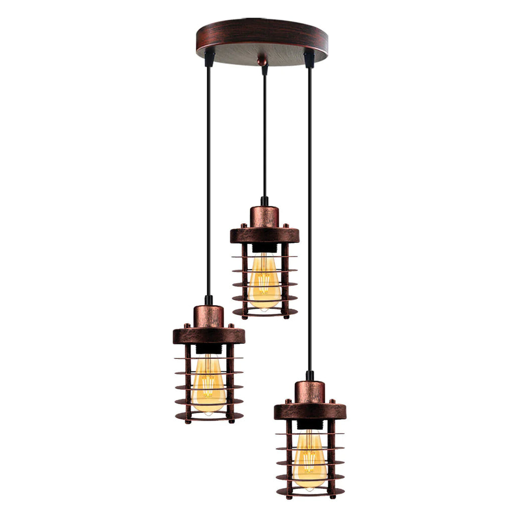 Adjustable 3-Light Industrial Metal Cage Cluster Pendant Ceiling Mount Fixture
